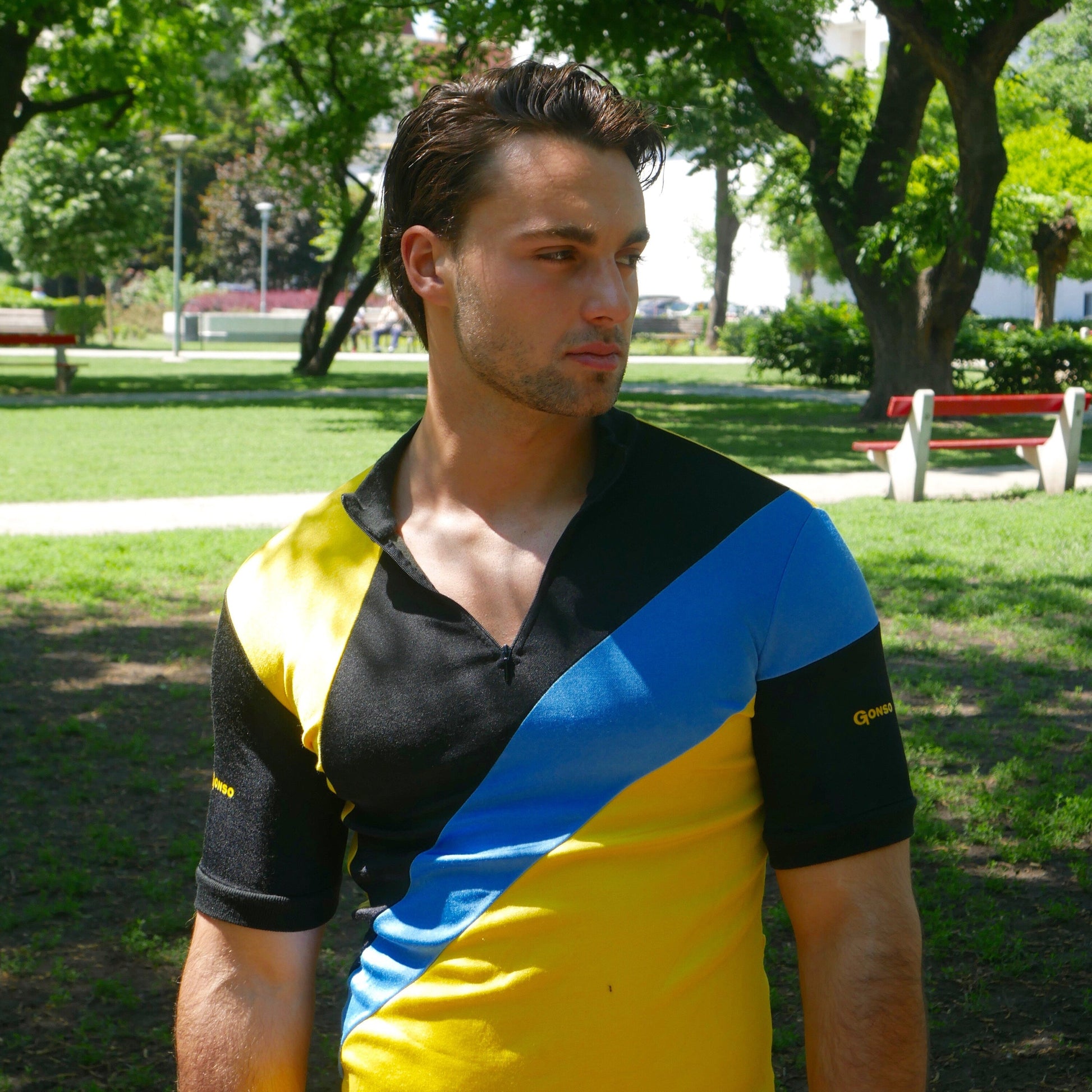 1980s Cycling Shirt | German Vinage Yellow Blue and Black Sportswear Jersey | Medium Leo Gabor Vintage