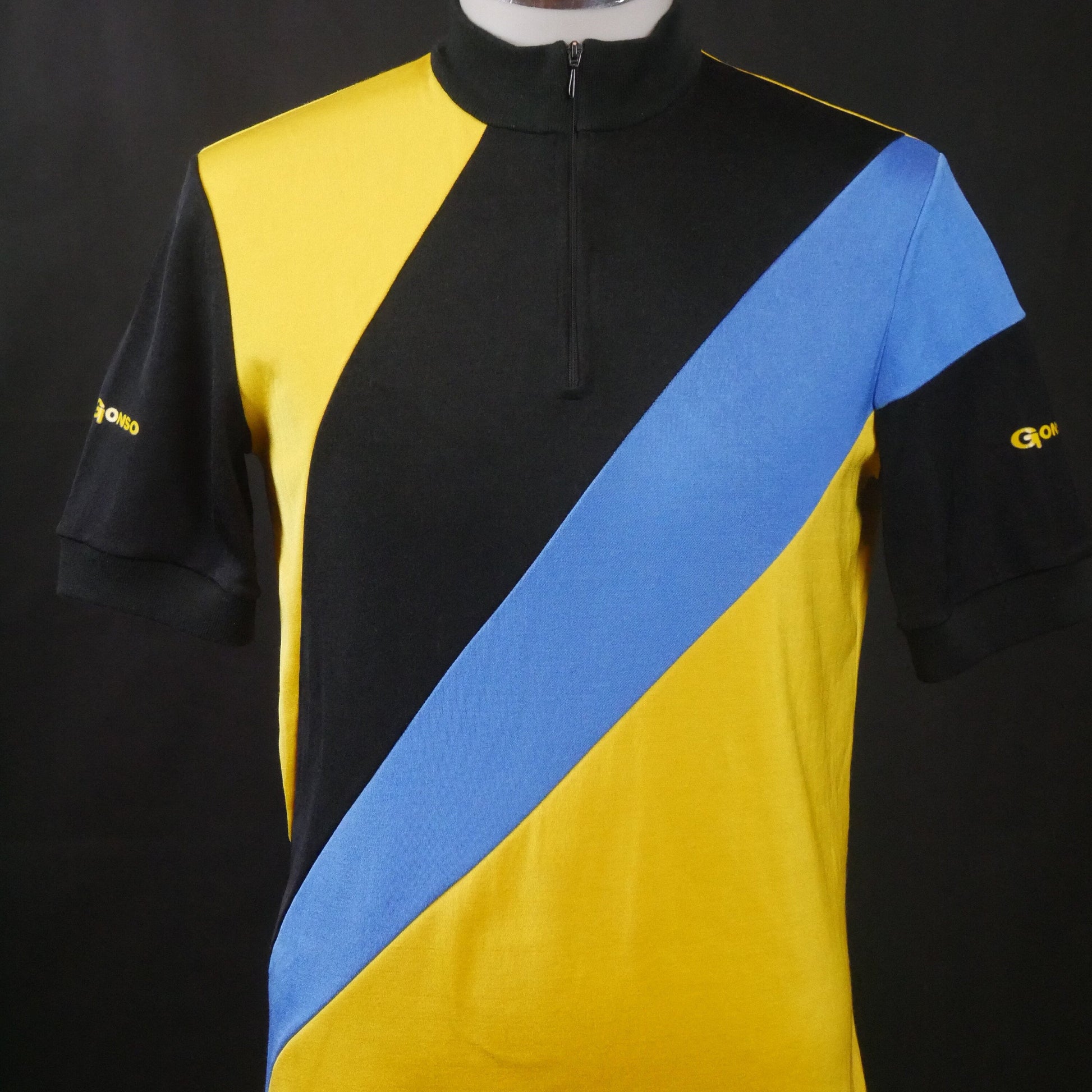 1980s Cycling Shirt | German Vinage Yellow Blue and Black Sportswear Jersey | Medium Leo Gabor Vintage