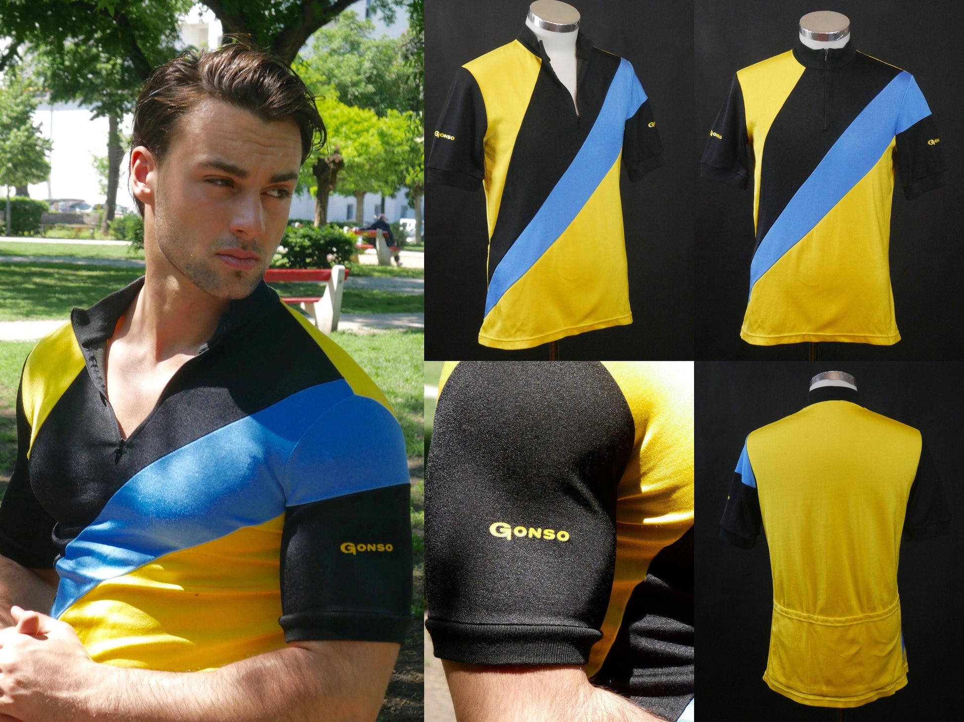 1980s Cycling Shirt | German Vinage Yellow Blue and Black Sportswear Jersey | Medium Leo Gabor Vintage
