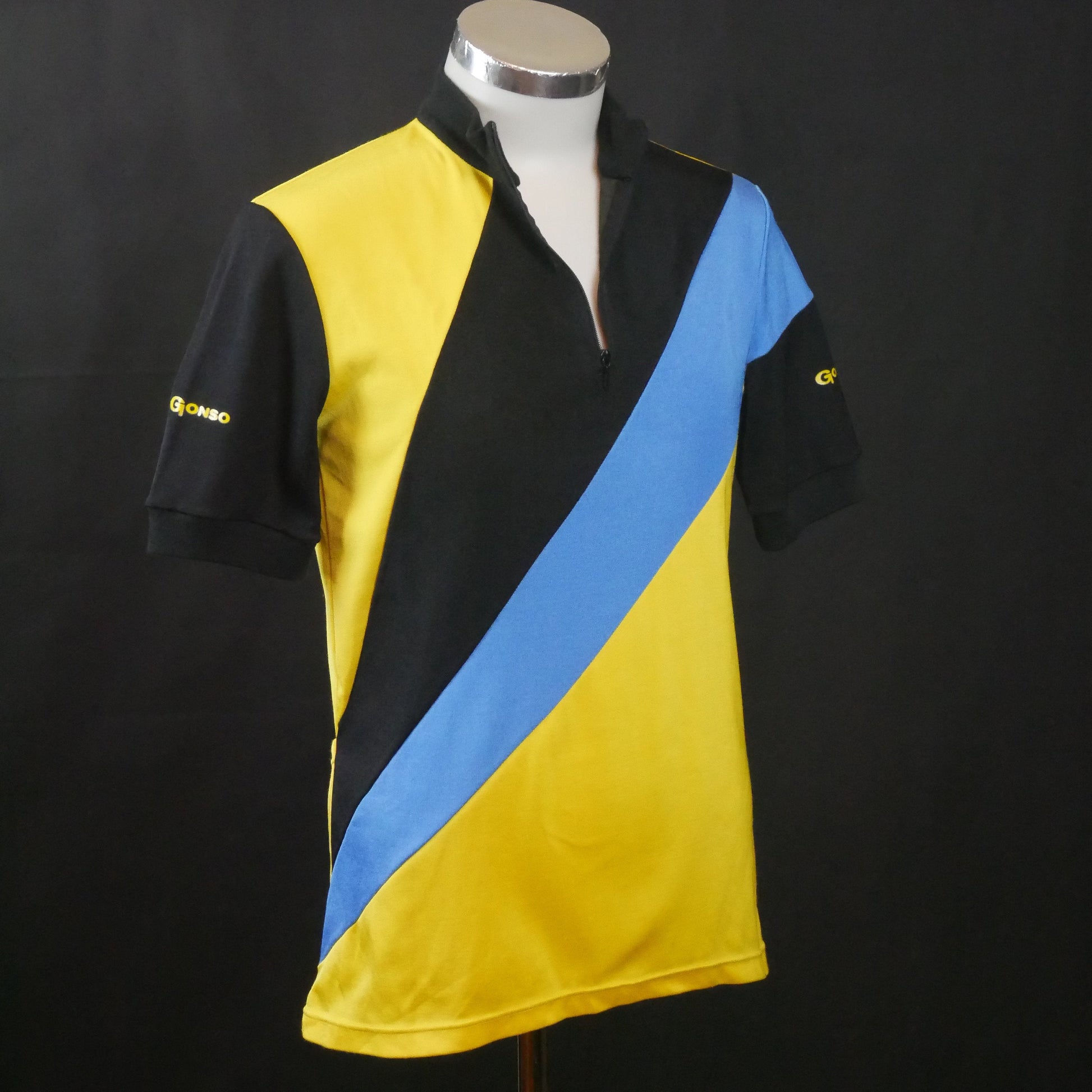 1980s Cycling Shirt | German Vinage Yellow Blue and Black Sportswear Jersey | Medium Leo Gabor Vintage