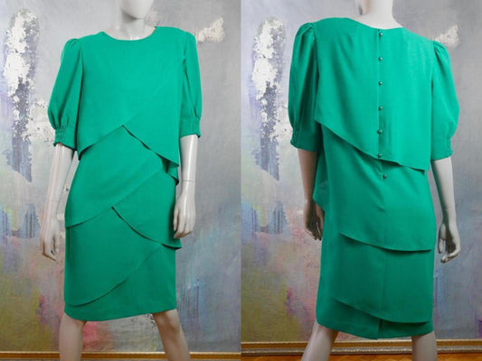 1980s German Vintage Green Layered Dress Leo Gabor Vintage