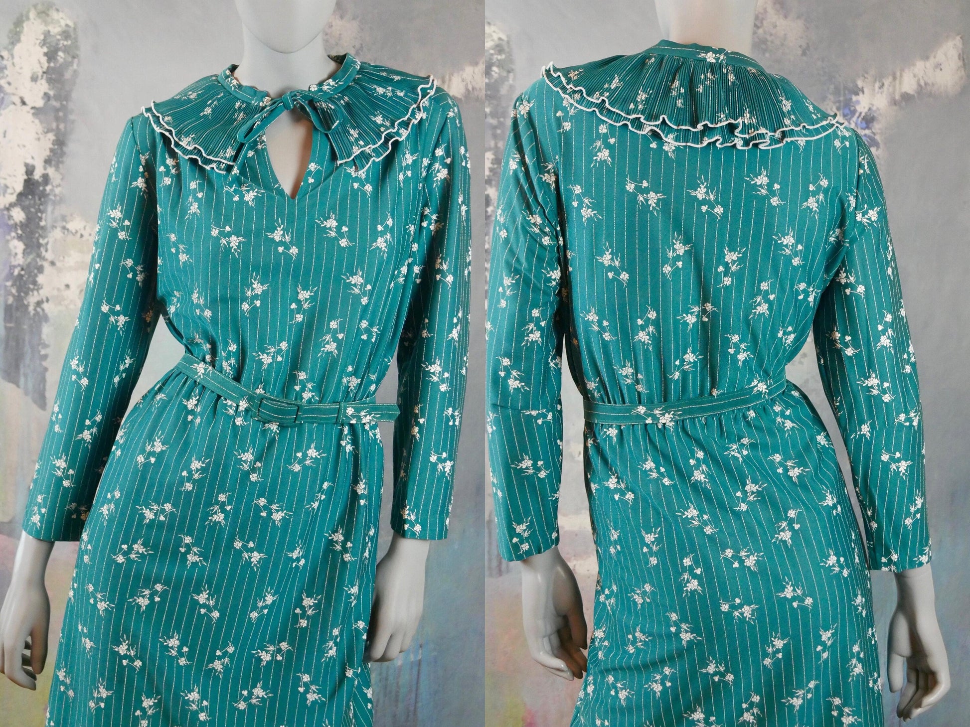 1980s Turquoise Green Dress | British Vintage Floral Dress w Matching Belt, Leo Gabor Vintage
