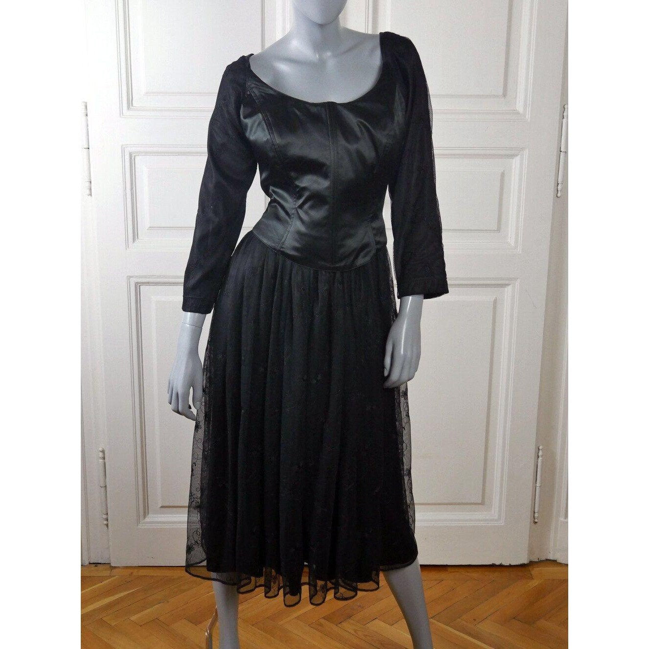 1980s Vintage Black Satin Dress Leo Gabor Vintage