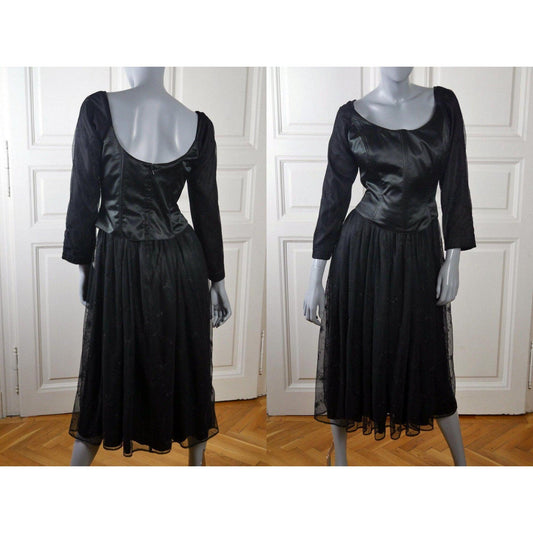 1980s Vintage Black Satin Dress Leo Gabor Vintage