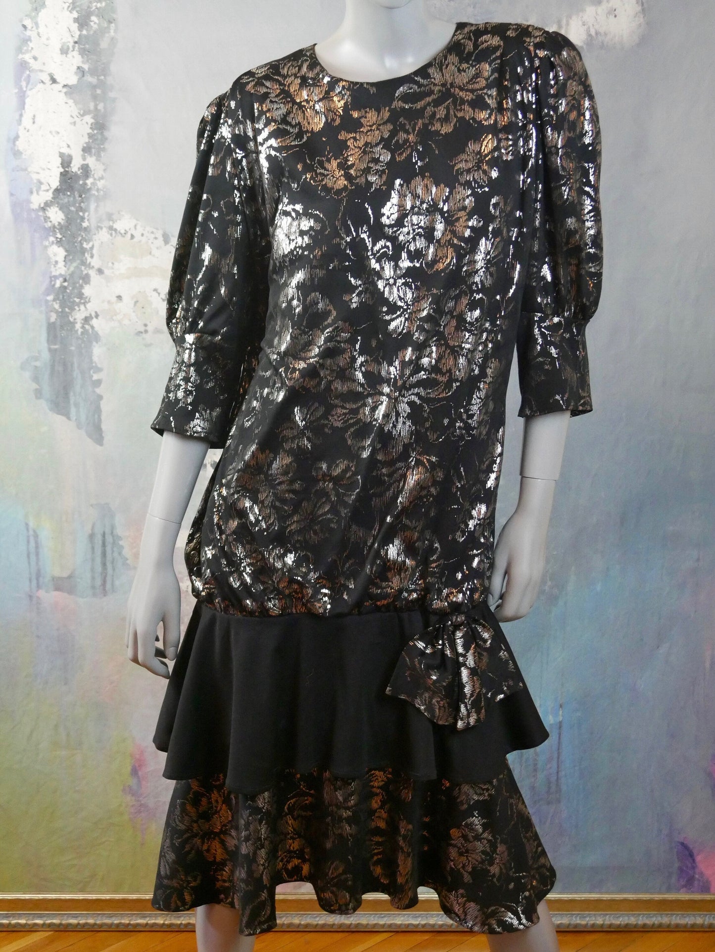 1980s Vintage Black & Silver Metallic Dress Leo Gabor Vintage