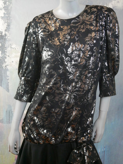 1980s Vintage Black & Silver Metallic Dress Leo Gabor Vintage