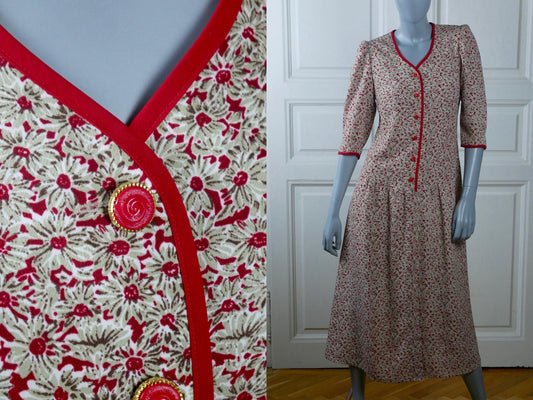 1980s Vintage Cottagecore Dress | Floral Red & Beige Midi Leo Gabor Vintage