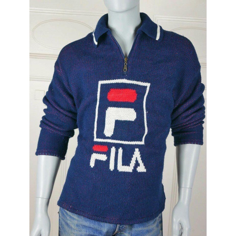 1980s Vintage FILA Knit Sweater | Navy Blue Red White Surfer Style European Sportswear | Large Leo Gabor Vintage