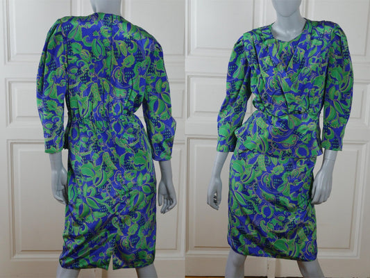 1980s Vintage Floral Dress | Blue Green European Design with Peplum Waistline in Front Leo Gabor Vintage