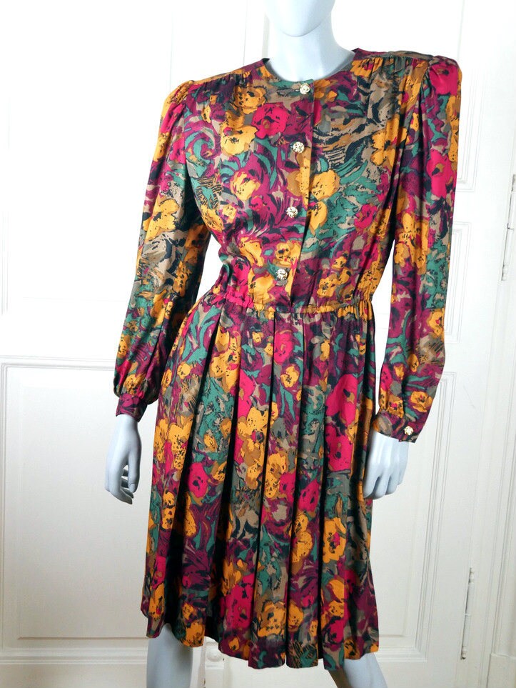 1980s Vintage Floral Dress | Knee-Length Summer Dress Leo Gabor Vintage