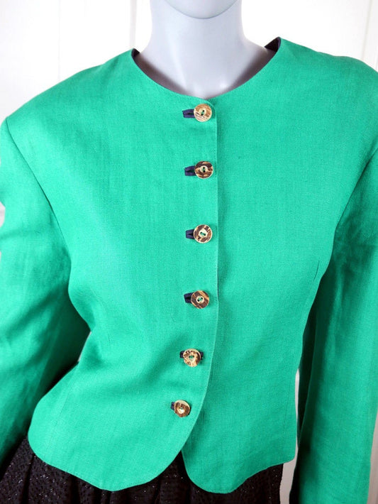 1980s Vintage Green Linen Double-Front Blazer | Bavarian Traditional Octoberfest Jacket | Large Leo Gabor Vintage