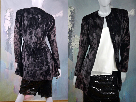 1980s Vintage Long Velvet Blazer | Black with Dark Plum Purple Undertones Leo Gabor Vintage