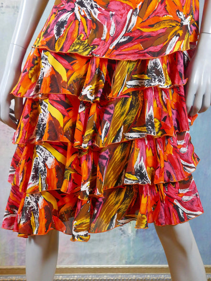 1980s Vintage Orange Ruffle Dress | European Abstract Pattern Short-Sleeve Summer Style Leo Gabor Vintage