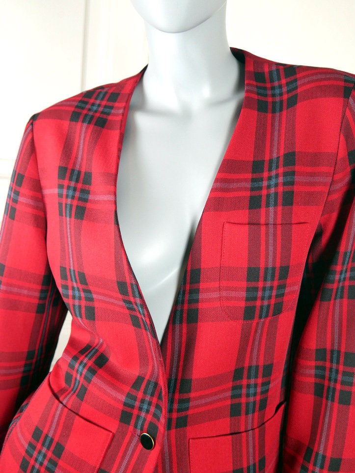 1980s Vintage Plaid Blazer | Red & Black Jacket | Large Leo Gabor Vintage
