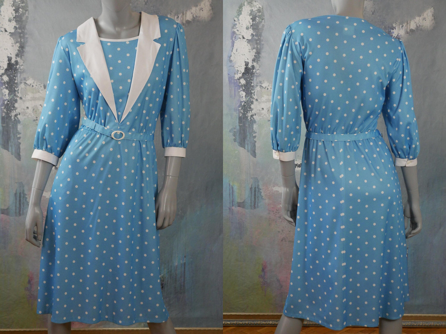 1980s Vintage Polka Dot Dress | Light Blue & White w Matching Belt Leo Gabor Vintage