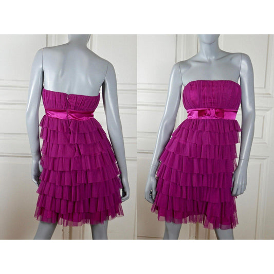 1980s Vintage Prom Dress: Dark Cerise Pink | Strapless with Ruffled Layers, Empire Waist Leo Gabor Vintage