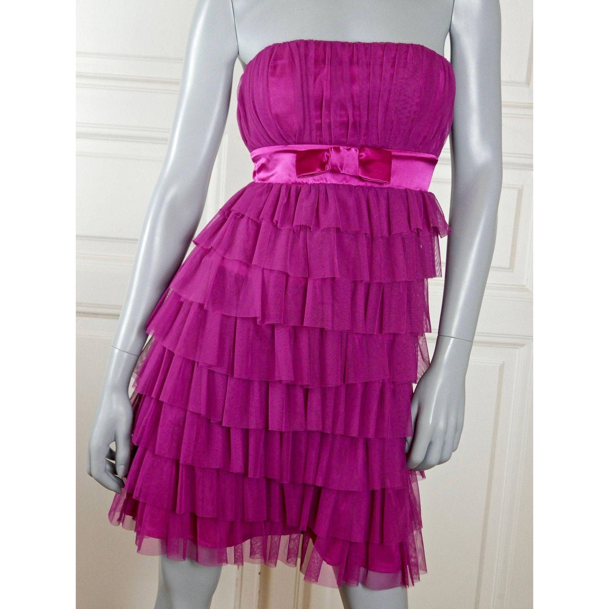 1980s Vintage Prom Dress: Dark Cerise Pink | Strapless with Ruffled Layers, Empire Waist Leo Gabor Vintage