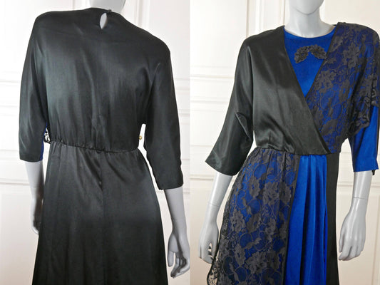 1980s Vintage Satin Dress, Royal Blue & Black Lace Leo Gabor Vintage