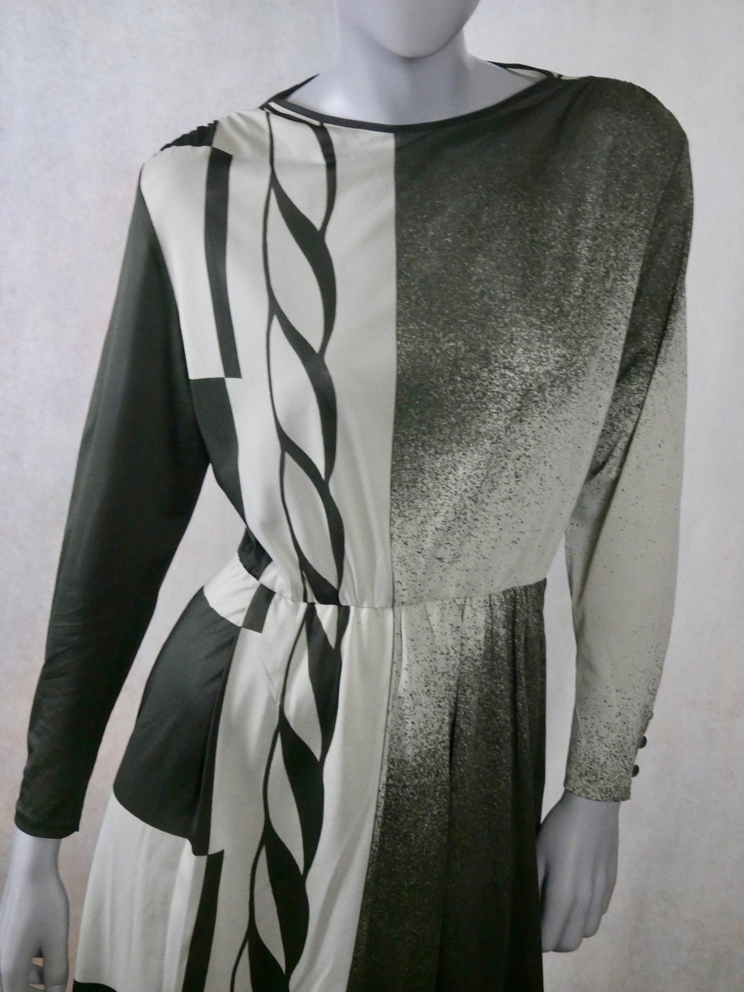 1980s Vintage Sheer Dress, Light Gray and Black: Size 10 US, 14 UK Leo Gabor Vintage