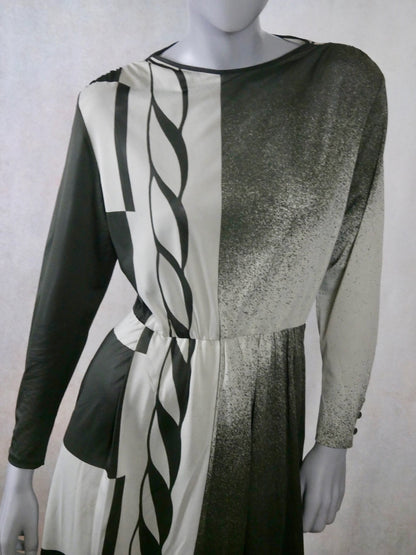 1980s Vintage Sheer Dress, Light Gray and Black: Size 10 US, 14 UK Leo Gabor Vintage