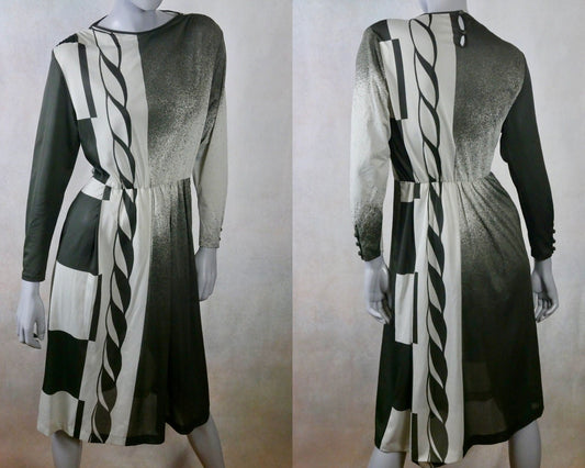 1980s Vintage Sheer Dress, Light Gray and Black: Size 10 US, 14 UK Leo Gabor Vintage