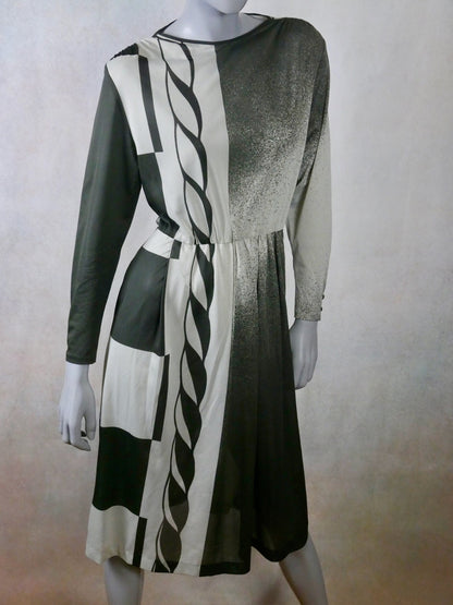1980s Vintage Sheer Dress, Light Gray and Black: Size 10 US, 14 UK Leo Gabor Vintage