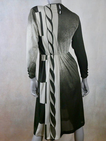 1980s Vintage Sheer Dress, Light Gray and Black: Size 10 US, 14 UK Leo Gabor Vintage