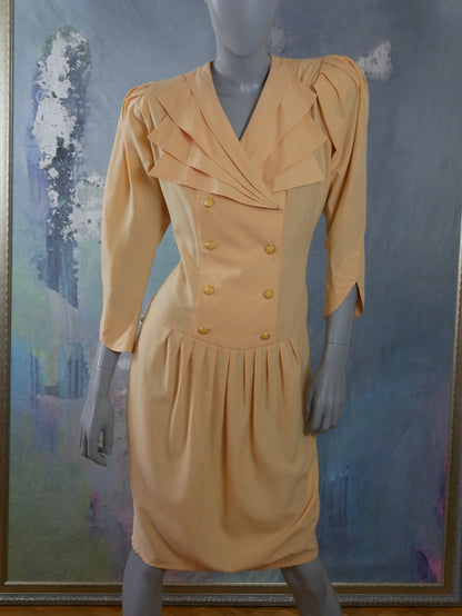 1980s Vintage Summer Dress, Pale Peach w Yellow Undertones Leo Gabor Vintage