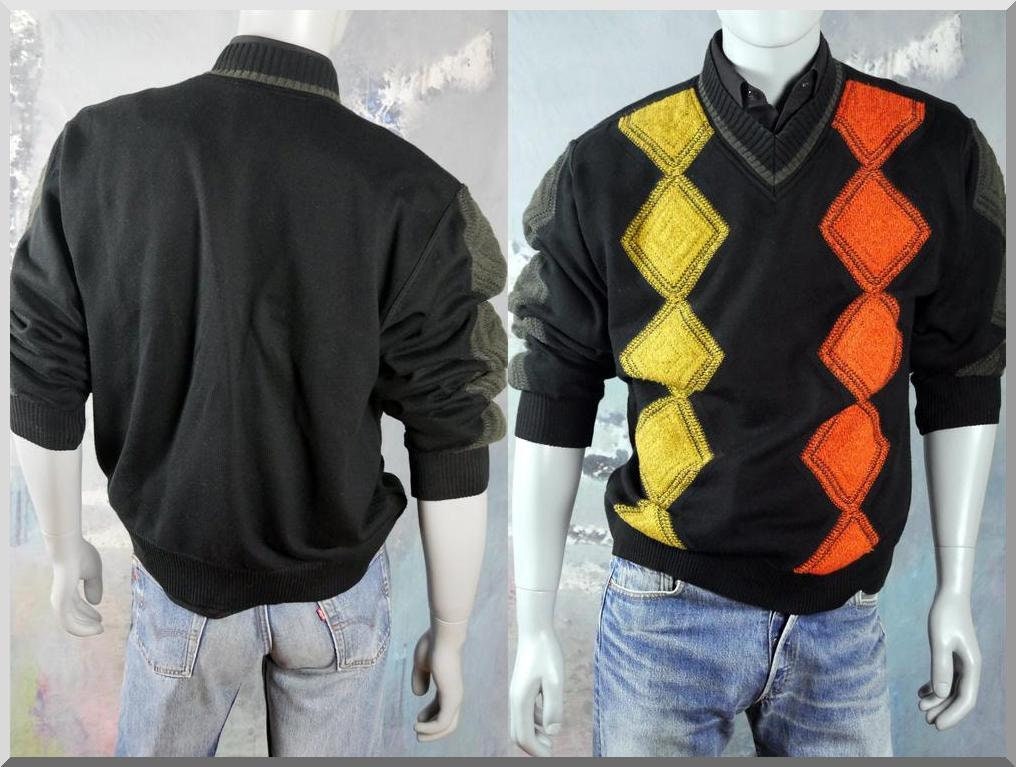 1980s Vintage Sweater | Black Knit Pullover with Orange Gold and Gray Geometric Pattern | Large Leo Gabor Vintage