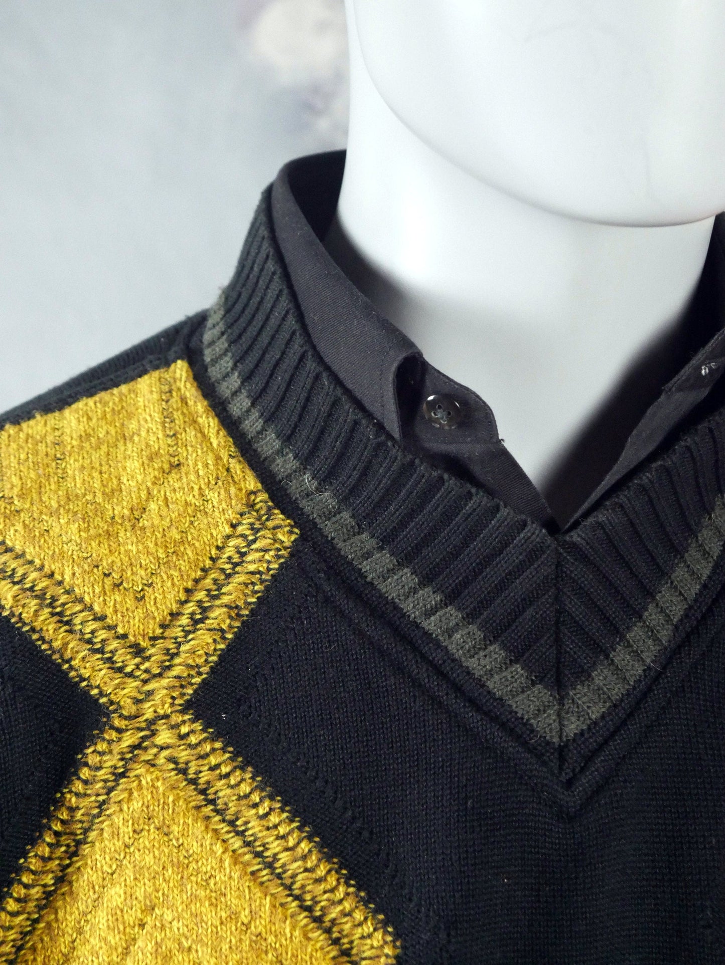 1980s Vintage Sweater | Black Knit Pullover with Orange Gold and Gray Geometric Pattern | Large Leo Gabor Vintage