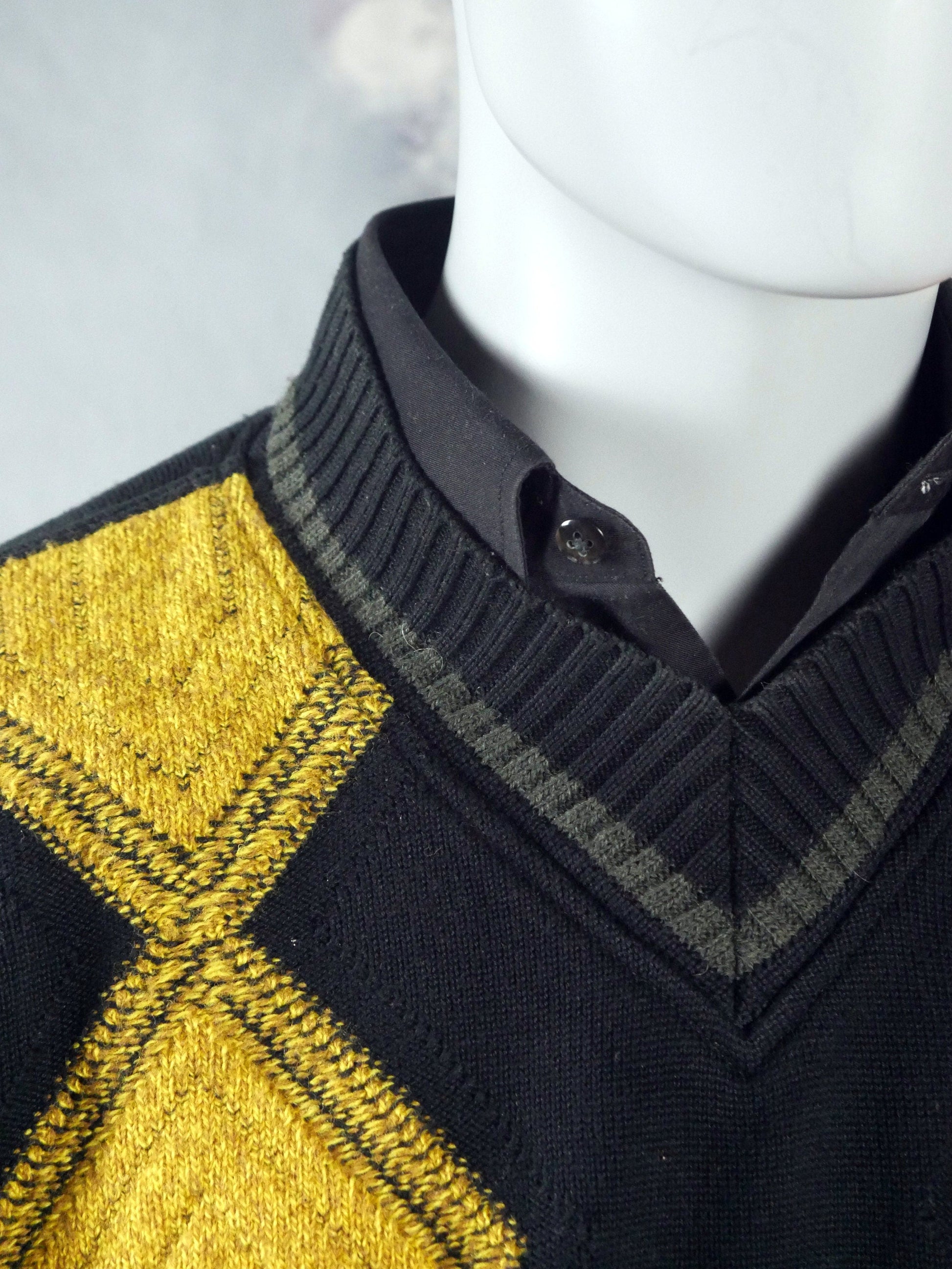 1980s Vintage Sweater | Black Knit Pullover with Orange Gold and Gray Geometric Pattern | Large Leo Gabor Vintage