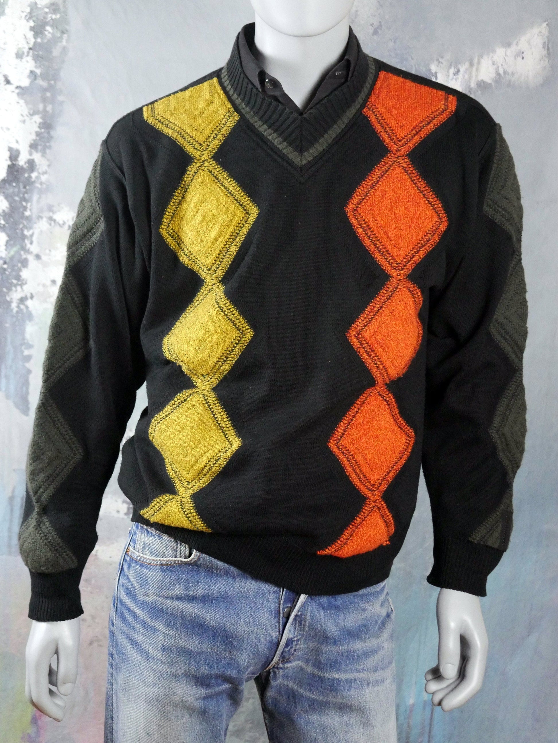 1980s Vintage Sweater | Black Knit Pullover with Orange Gold and Gray Geometric Pattern | Large Leo Gabor Vintage