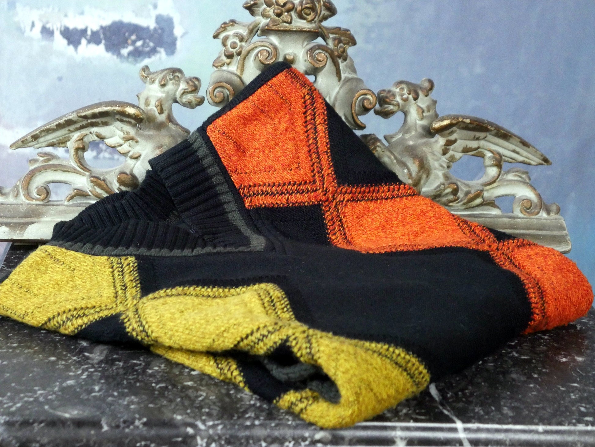 1980s Vintage Sweater | Black Knit Pullover with Orange Gold and Gray Geometric Pattern | Large Leo Gabor Vintage