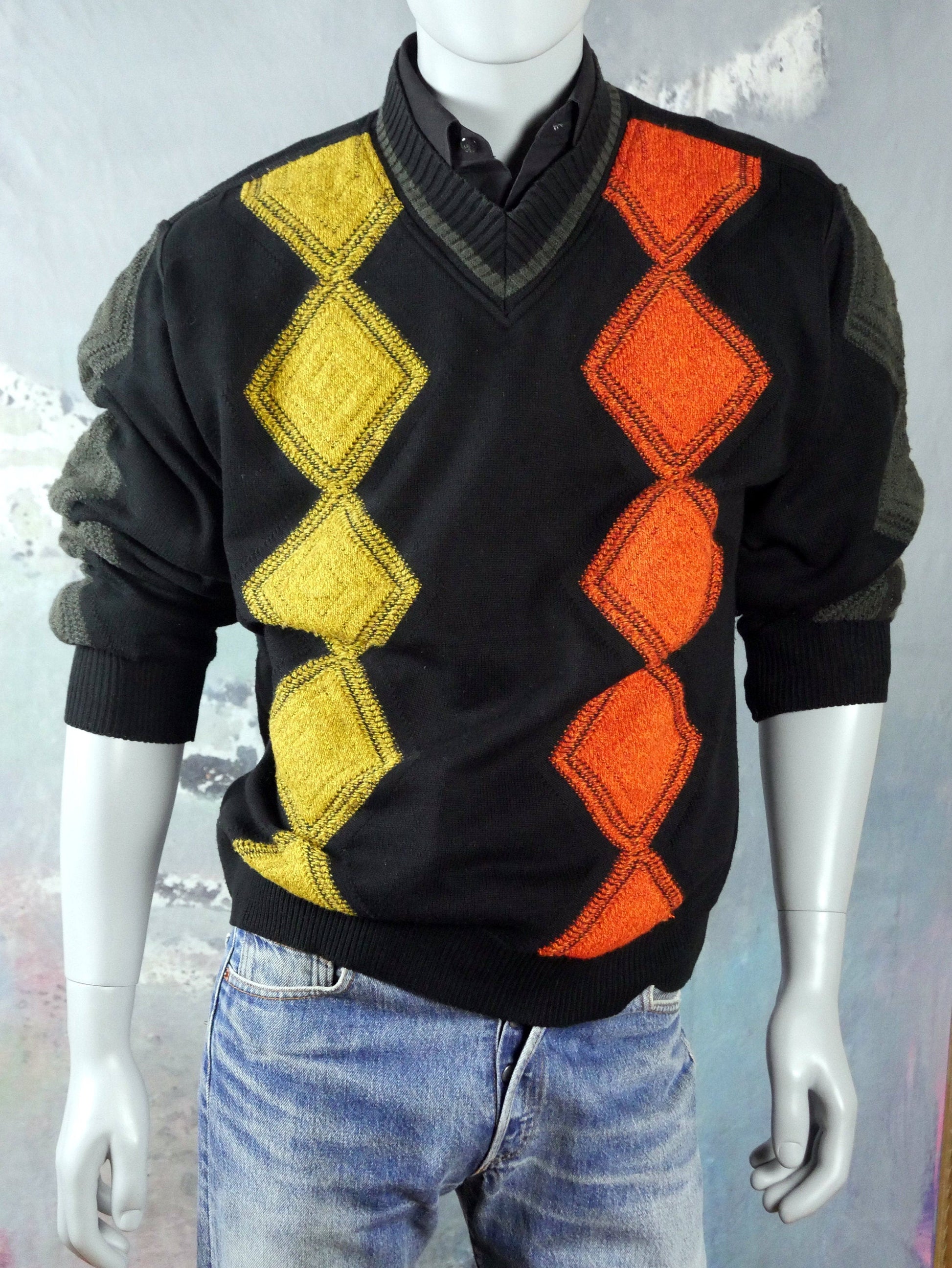 1980s Vintage Sweater | Black Knit Pullover with Orange Gold and Gray Geometric Pattern | Large Leo Gabor Vintage