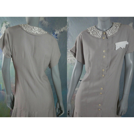 1980s Vintage Taupe Dress w White Lace Trim | Spring Summer Style Midi Leo Gabor Vintage
