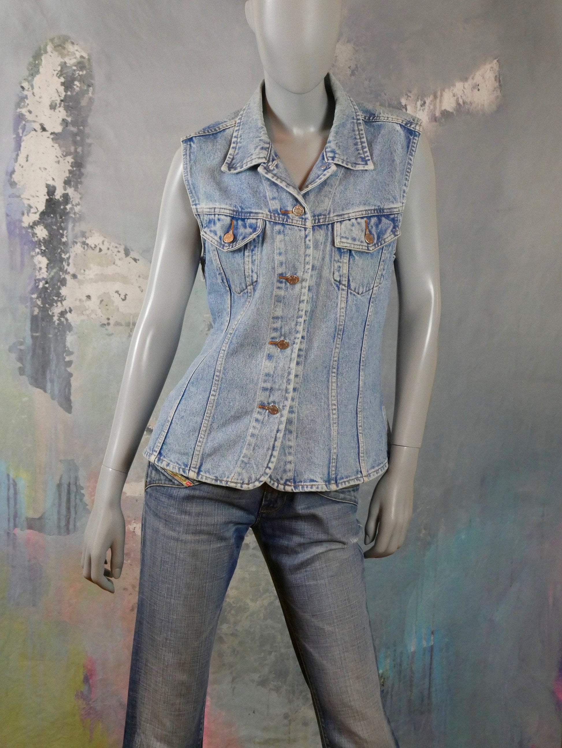 1990s Denim Vest Jeans Jacket | French Vintage | Medium Leo Gabor Vintage