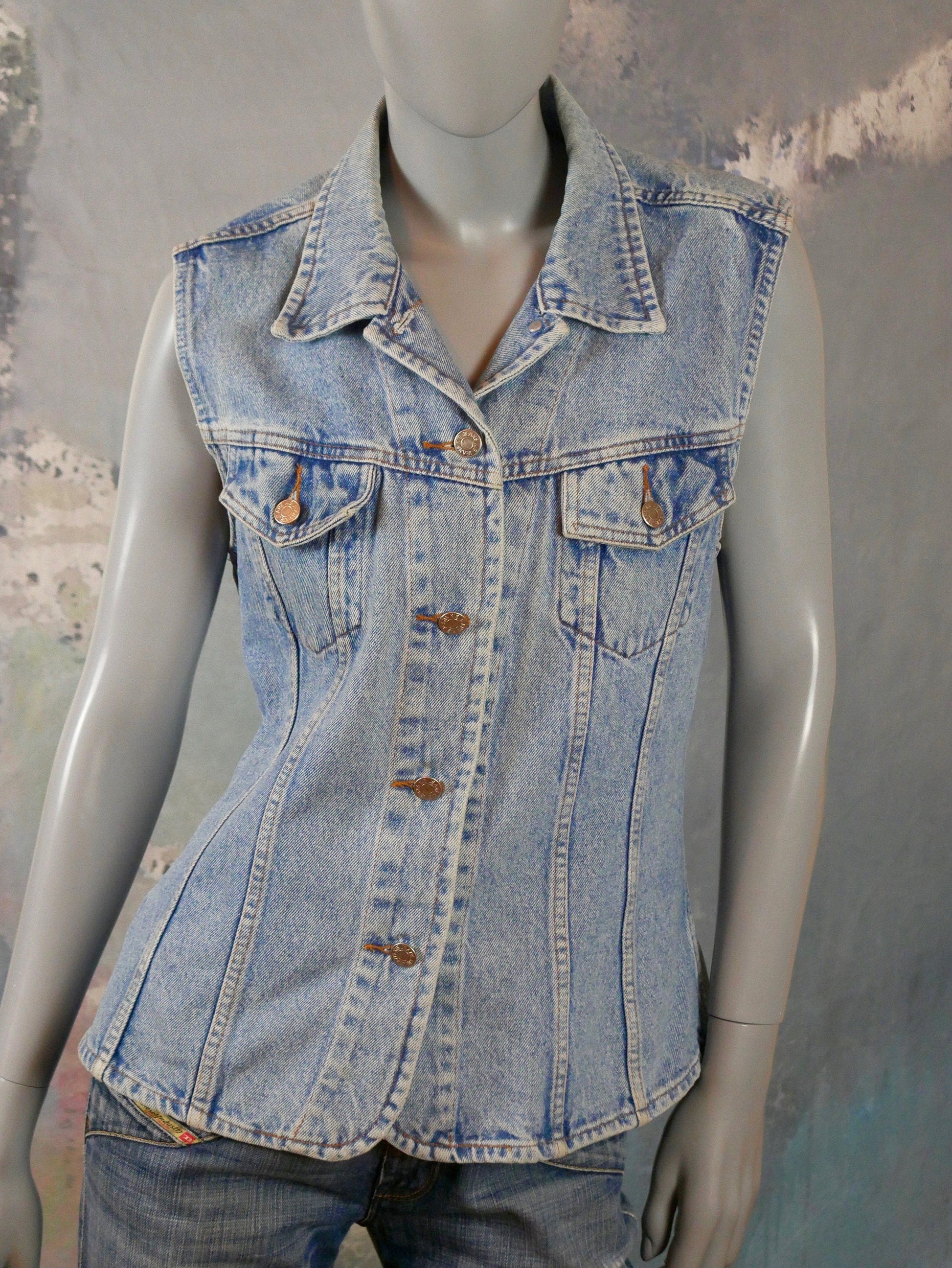 1990s Denim Vest Jeans Jacket | French Vintage | Medium Leo Gabor Vintage