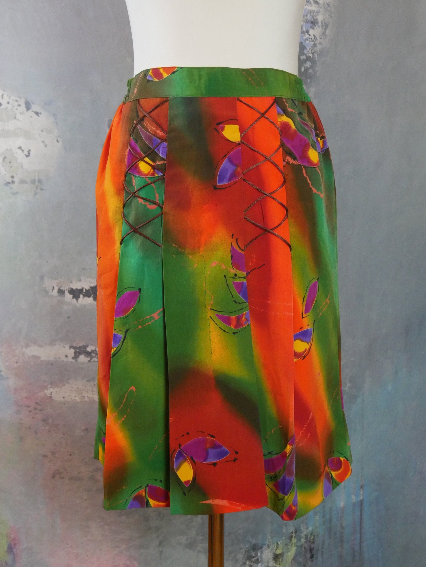 1990s European Vintage Skirt | Orange Green Rust Fuchsia Purple Abstract Pattern Leo Gabor Vintage