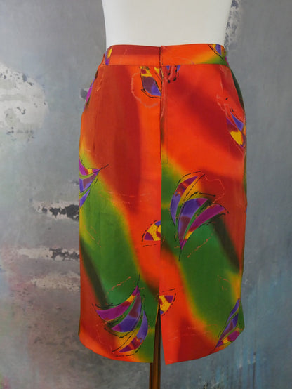 1990s European Vintage Skirt | Orange Green Rust Fuchsia Purple Abstract Pattern Leo Gabor Vintage