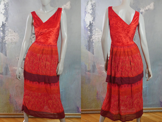1990s Vintage Sleeveless Dress | Burnt Orange Velvet Asymmetrical V Neckline and Two-Layer Nylon Skirt Leo Gabor Vintage