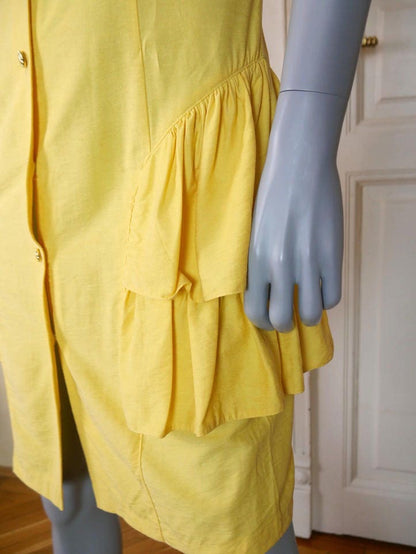 1990s Vintage Yellow Dress | Knee-Length Short-Sleeve Summer Style Leo Gabor Vintage
