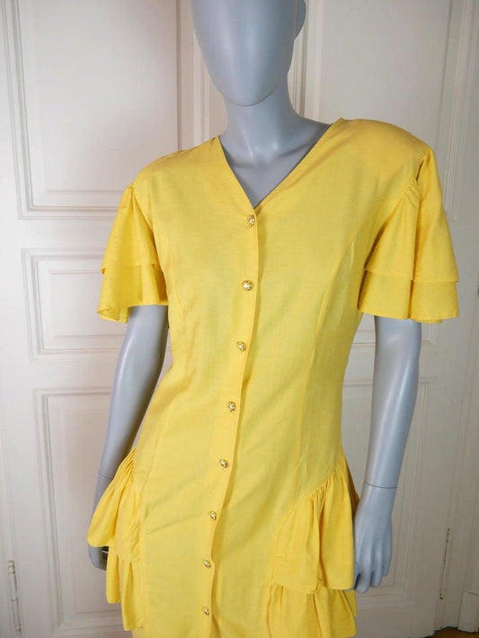 1990s Vintage Yellow Dress | Knee-Length Short-Sleeve Summer Style Leo Gabor Vintage