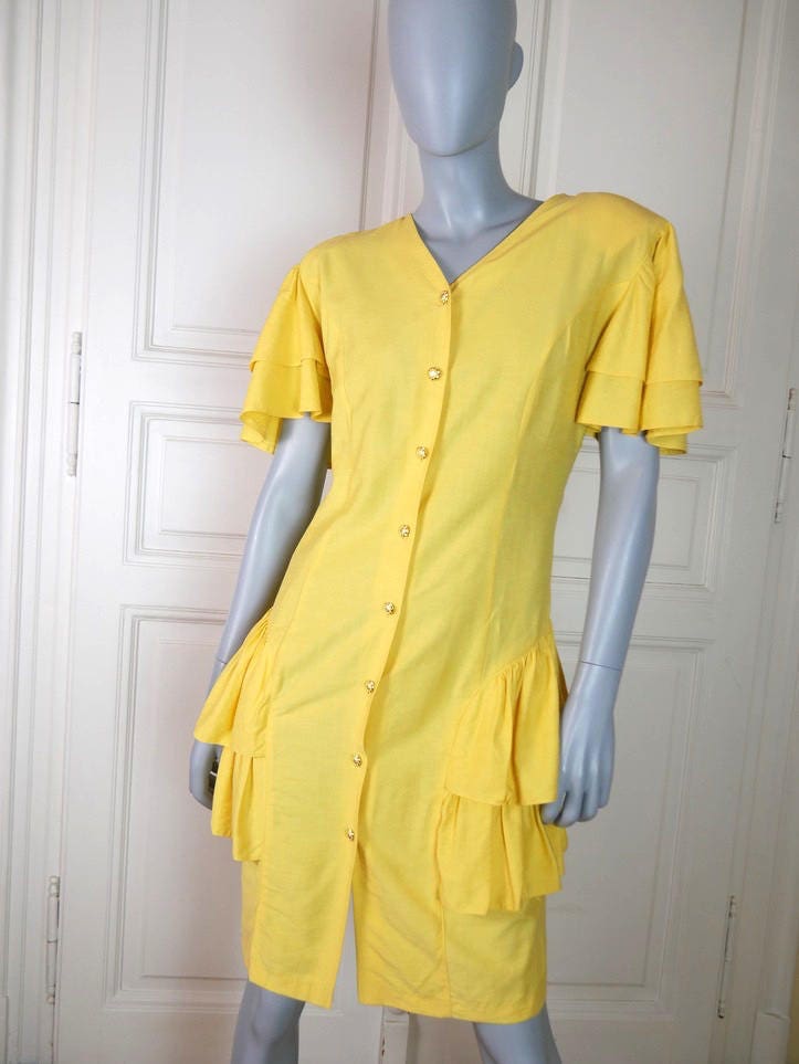 1990s Vintage Yellow Dress | Knee-Length Short-Sleeve Summer Style Leo Gabor Vintage
