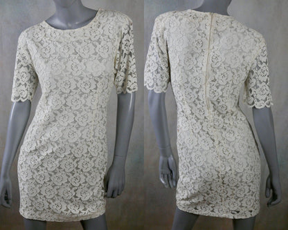 70s Lace Dress | Italian Vintage Short-Sleeve Summer Cream Mini Leo Gabor Vintage
