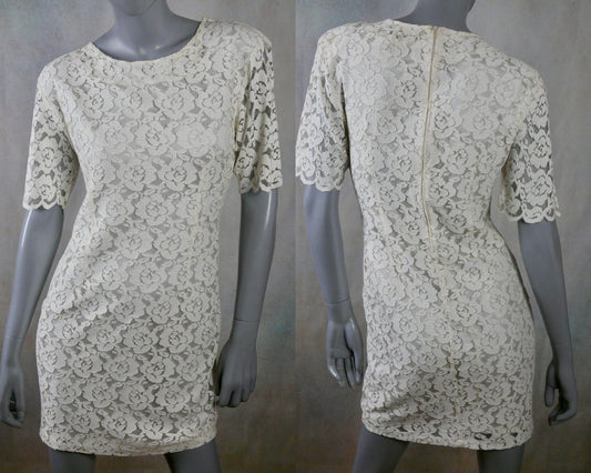 70s Lace Dress | Italian Vintage Short-Sleeve Summer Cream Mini Leo Gabor Vintage