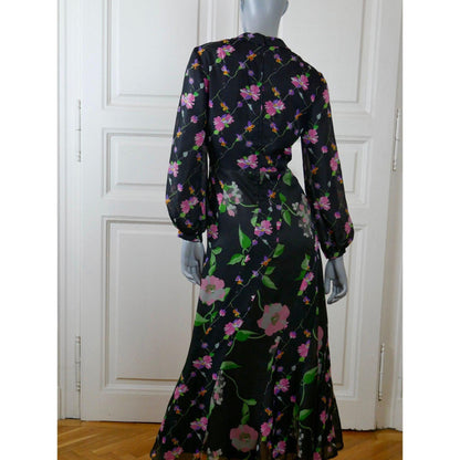 70s Long Black Dress | European Vintage Dagger Collar Floral Maxi Leo Gabor Vintage