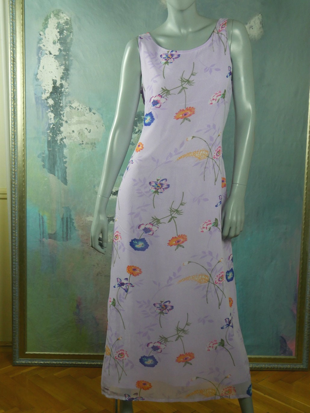 80s British Vintage Sleeveless Dress | Floral Pale Lilac Lightweight Spring / Summer Chiffon Leo Gabor Vintage