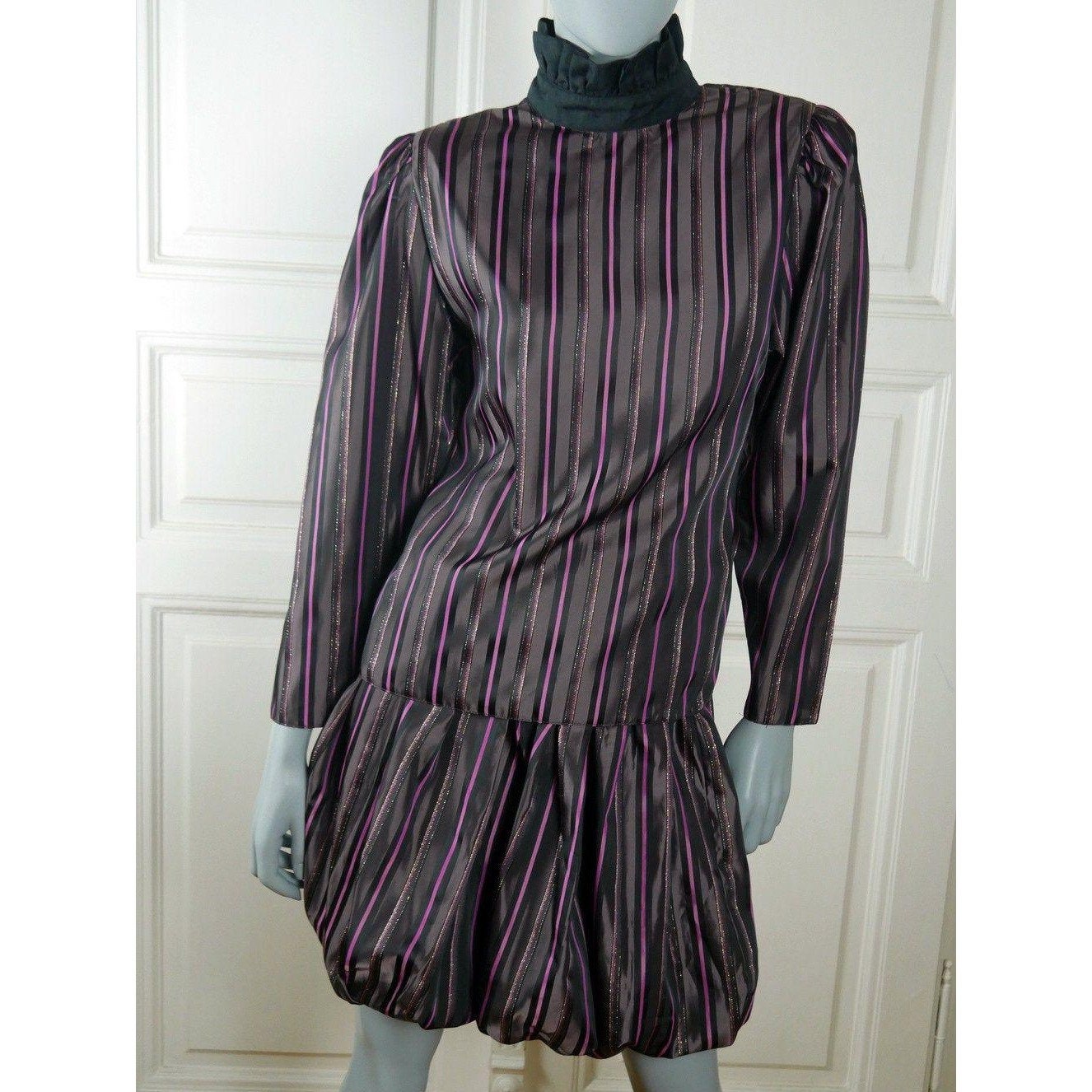 80s Vintage Dress Set | Black Purple Pink Striped Tulip Skirt and Blouse Combo Leo Gabor Vintage
