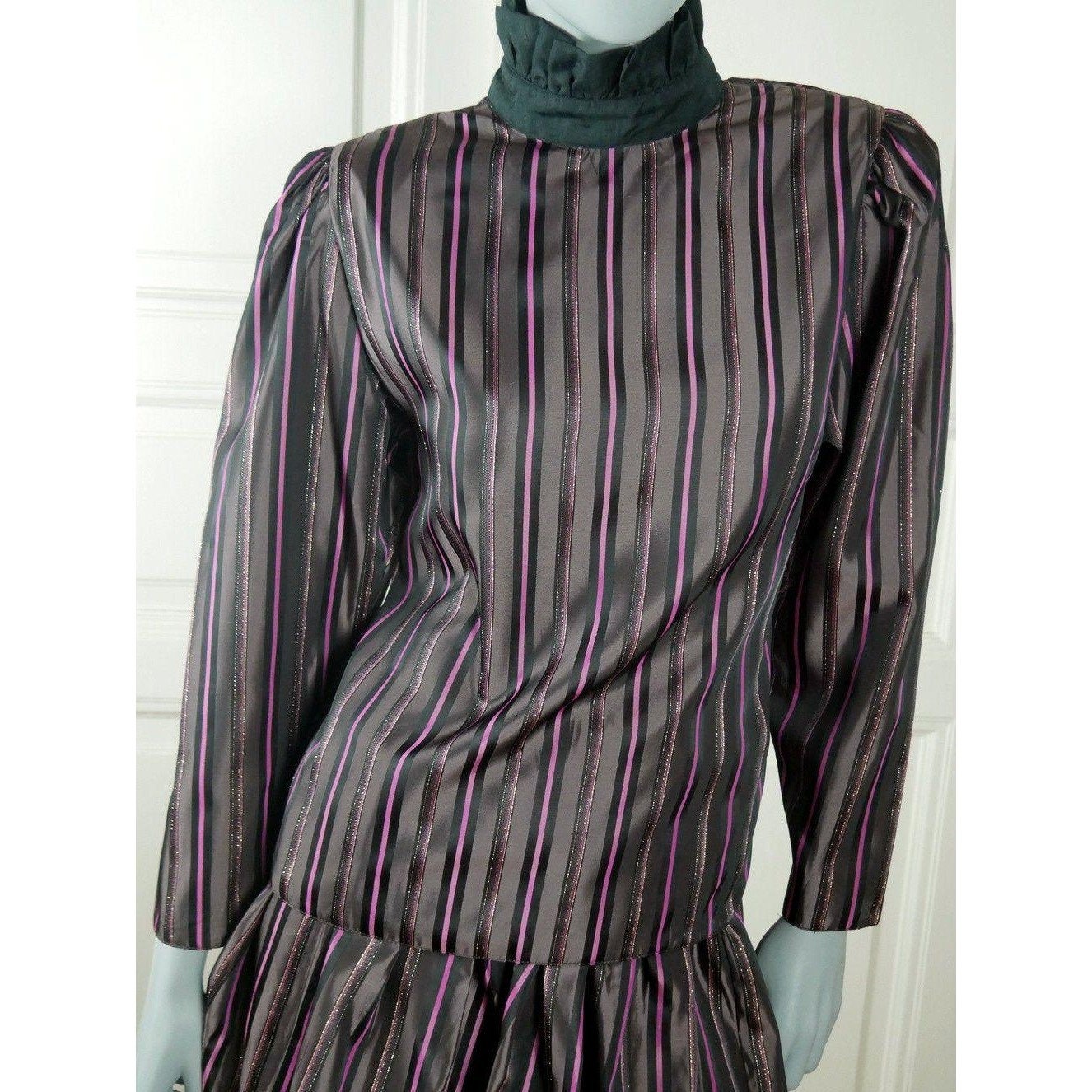 80s Vintage Dress Set | Black Purple Pink Striped Tulip Skirt and Blouse Combo Leo Gabor Vintage