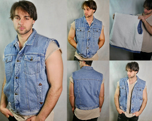 90s Vintage Denim Vest Jacket with Faux Shearling Fleece Lining | Large Leo Gabor Vintage